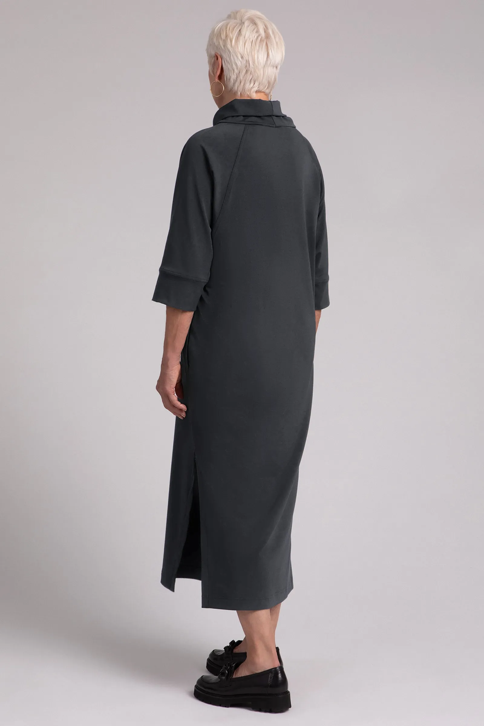 Fleece Back Jersey Cozy Raglan Funnel Neck Dress | Graphite