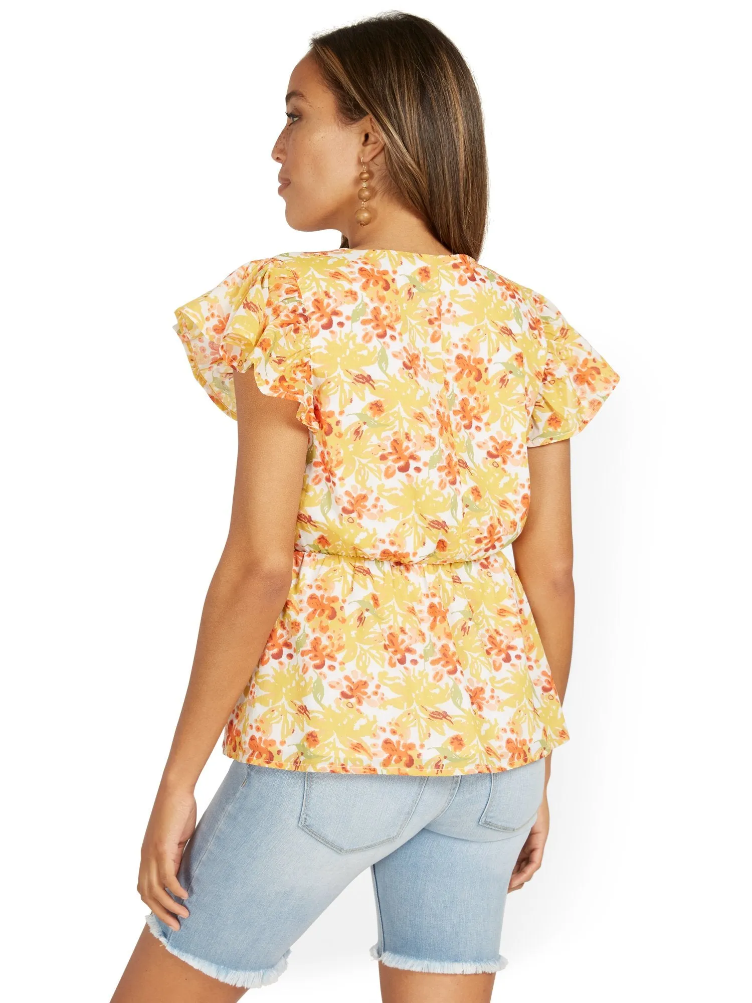 Floral-Print Wrap Peplum Top