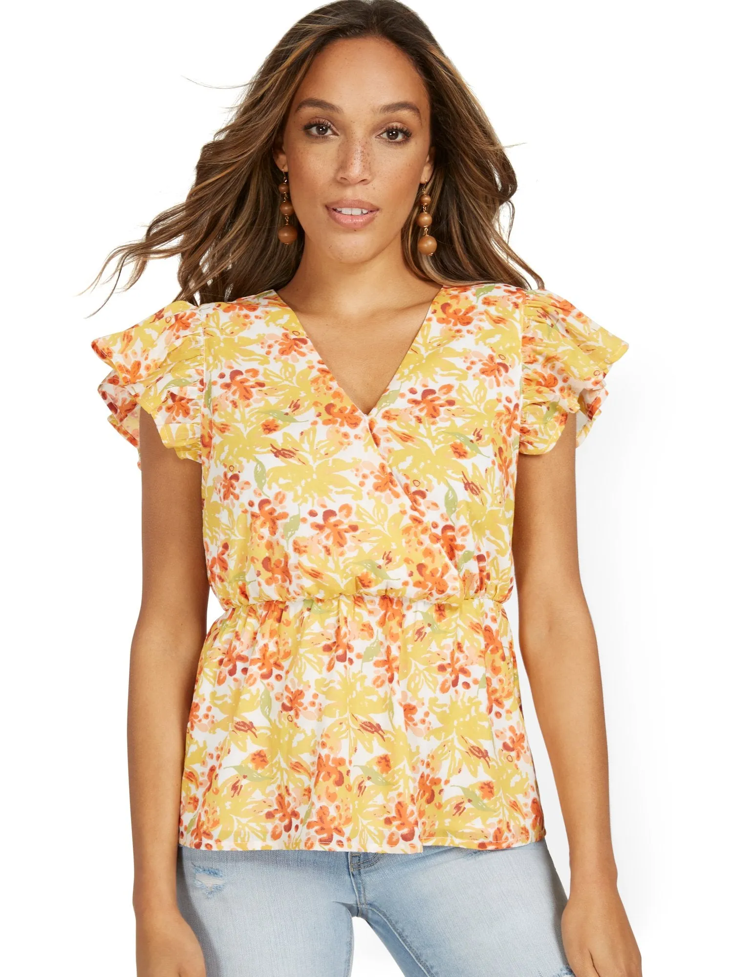 Floral-Print Wrap Peplum Top