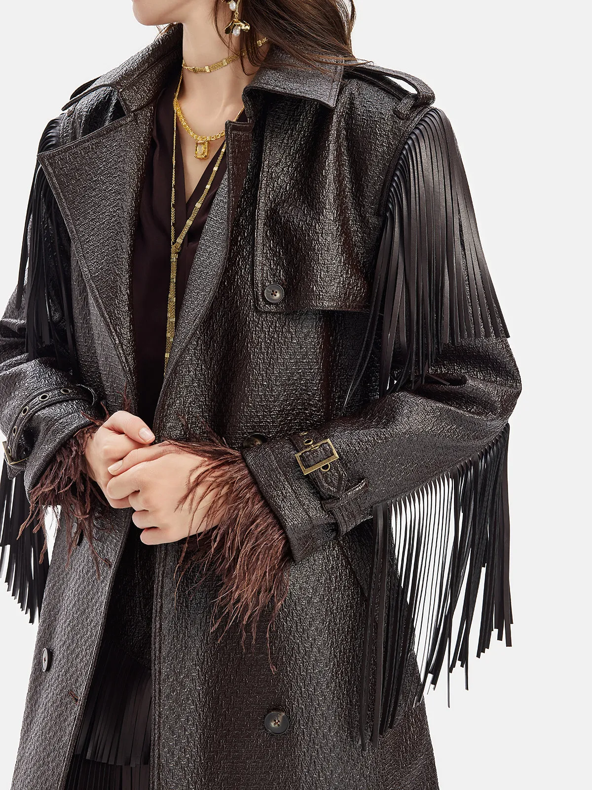 Fringe Double-Breasted Leather Trench