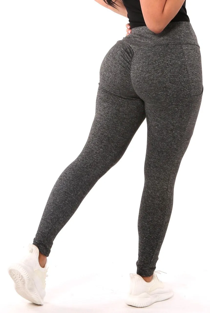 High Waist Fleece Lined Leggings With Side Pockets - Dark Heather Gray