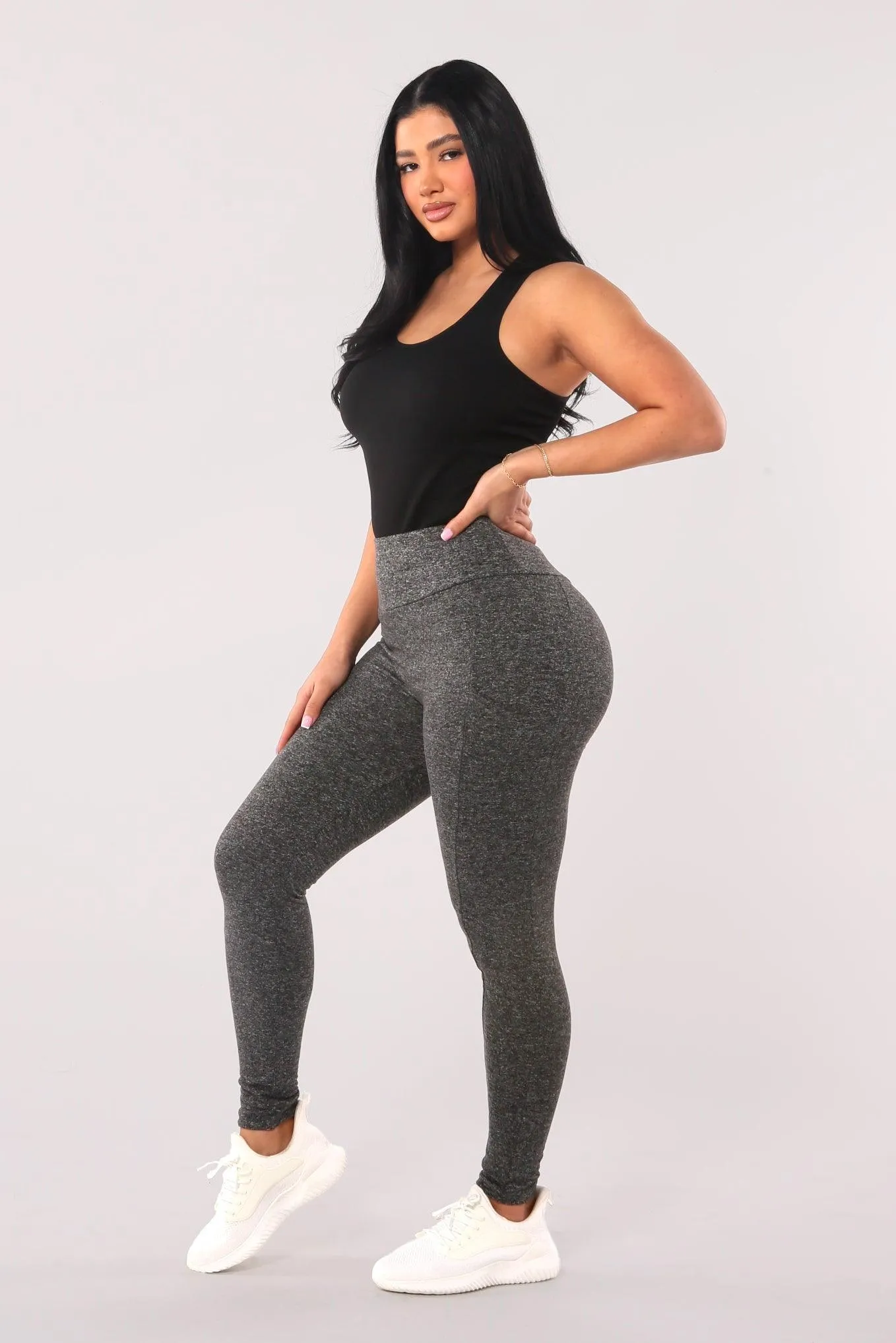 High Waist Fleece Lined Leggings With Side Pockets - Dark Heather Gray