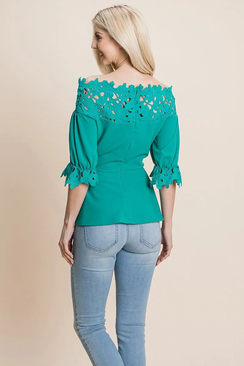 Lace Crochet Self Belted Off The Shoulder Tops with Back Zipper