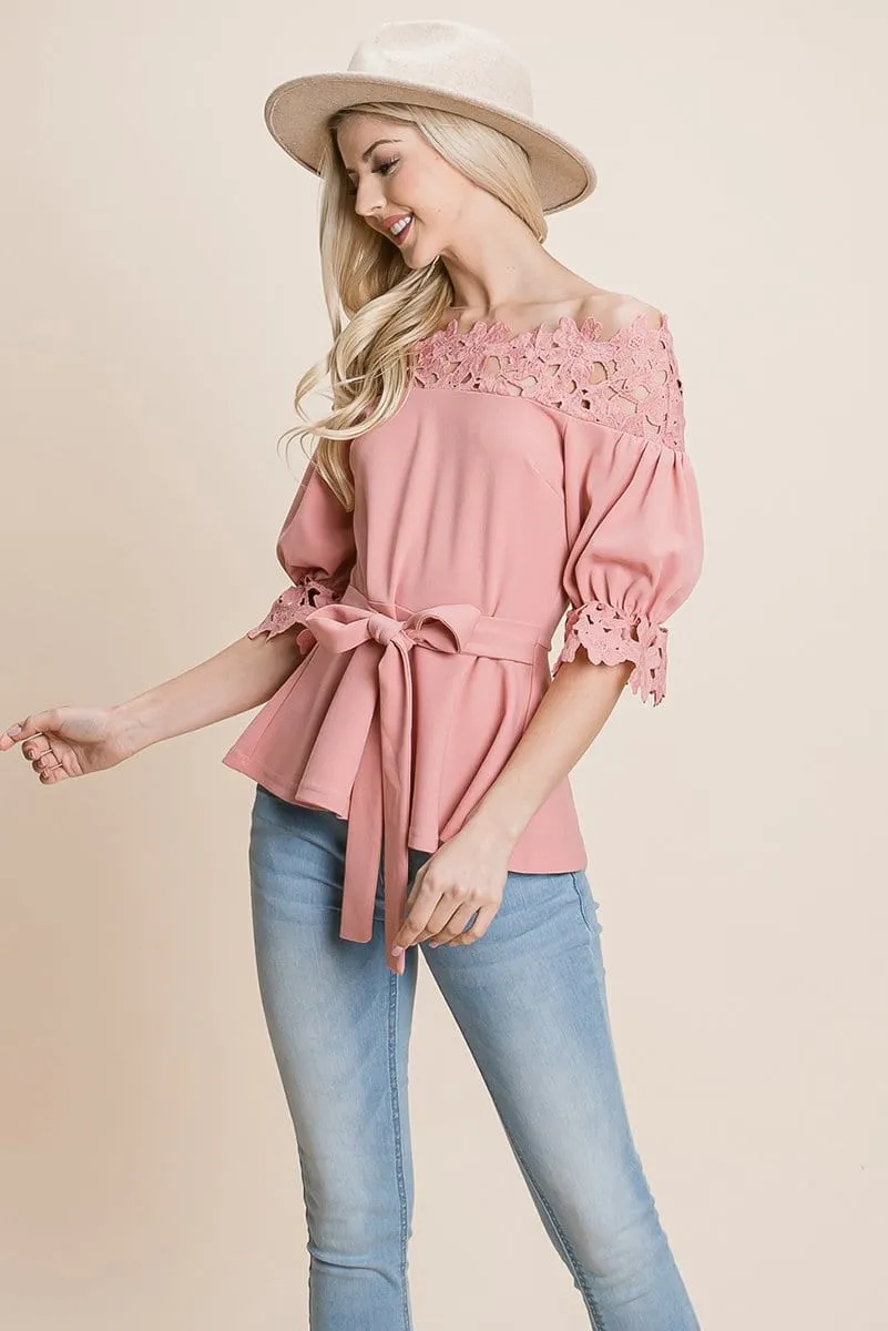 Lace Crochet Self Belted Off The Shoulder Tops with Back Zipper