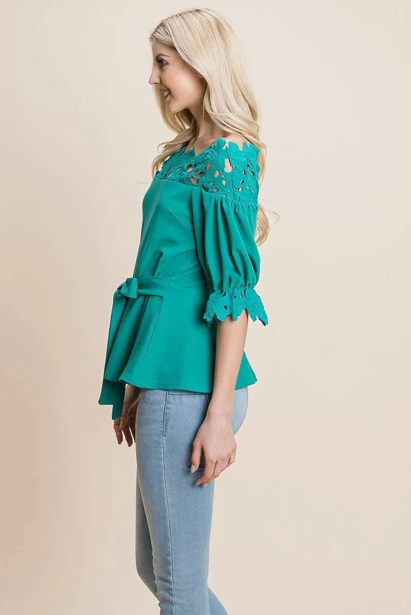 Lace Crochet Self Belted Off The Shoulder Tops with Back Zipper