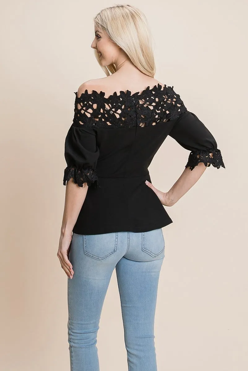 Lace Crochet Self Belted Off The Shoulder Tops with Back Zipper