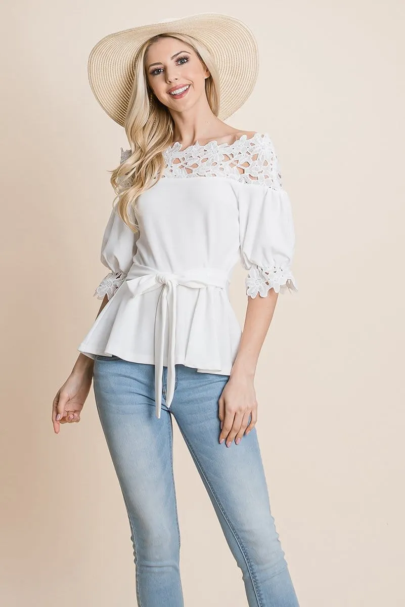 Lace Crochet Self Belted Off The Shoulder Tops with Back Zipper