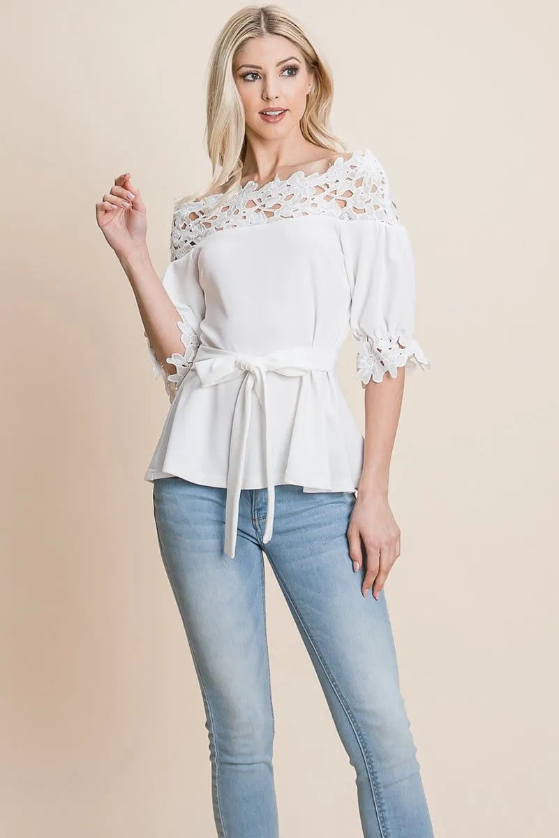 Lace Crochet Self Belted Off The Shoulder Tops with Back Zipper