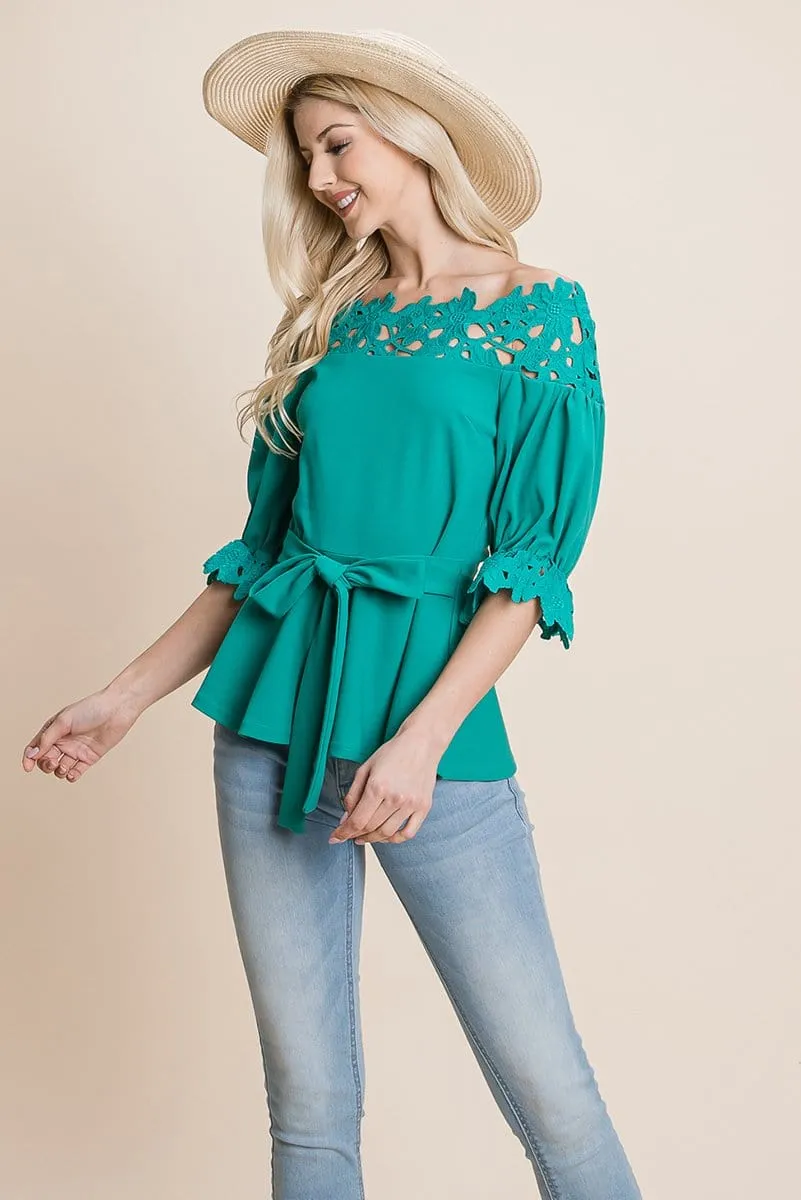 Lace Crochet Self Belted Off The Shoulder Tops with Back Zipper