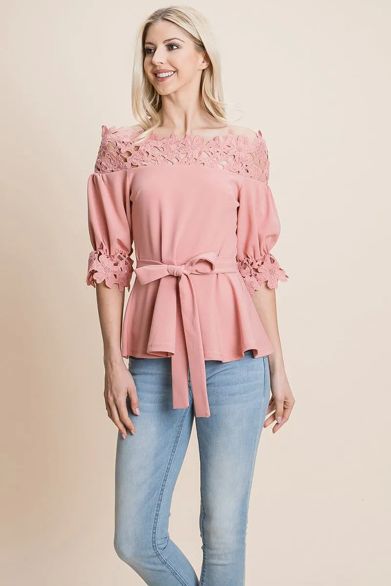 Lace Crochet Self Belted Off The Shoulder Tops with Back Zipper