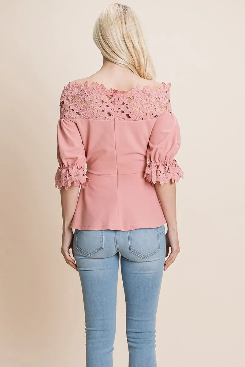 Lace Crochet Self Belted Off The Shoulder Tops with Back Zipper