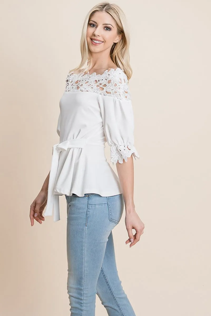 Lace Crochet Self Belted Off The Shoulder Tops with Back Zipper