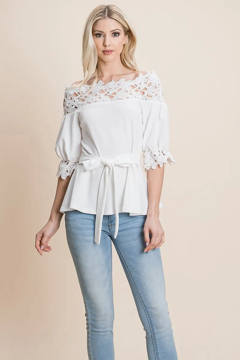 Lace Crochet Self Belted Off The Shoulder Tops with Back Zipper