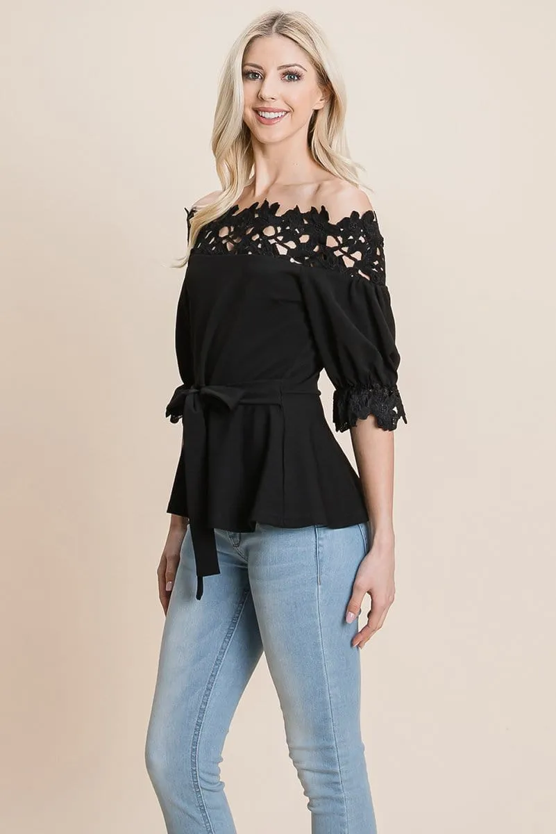 Lace Crochet Self Belted Off The Shoulder Tops with Back Zipper