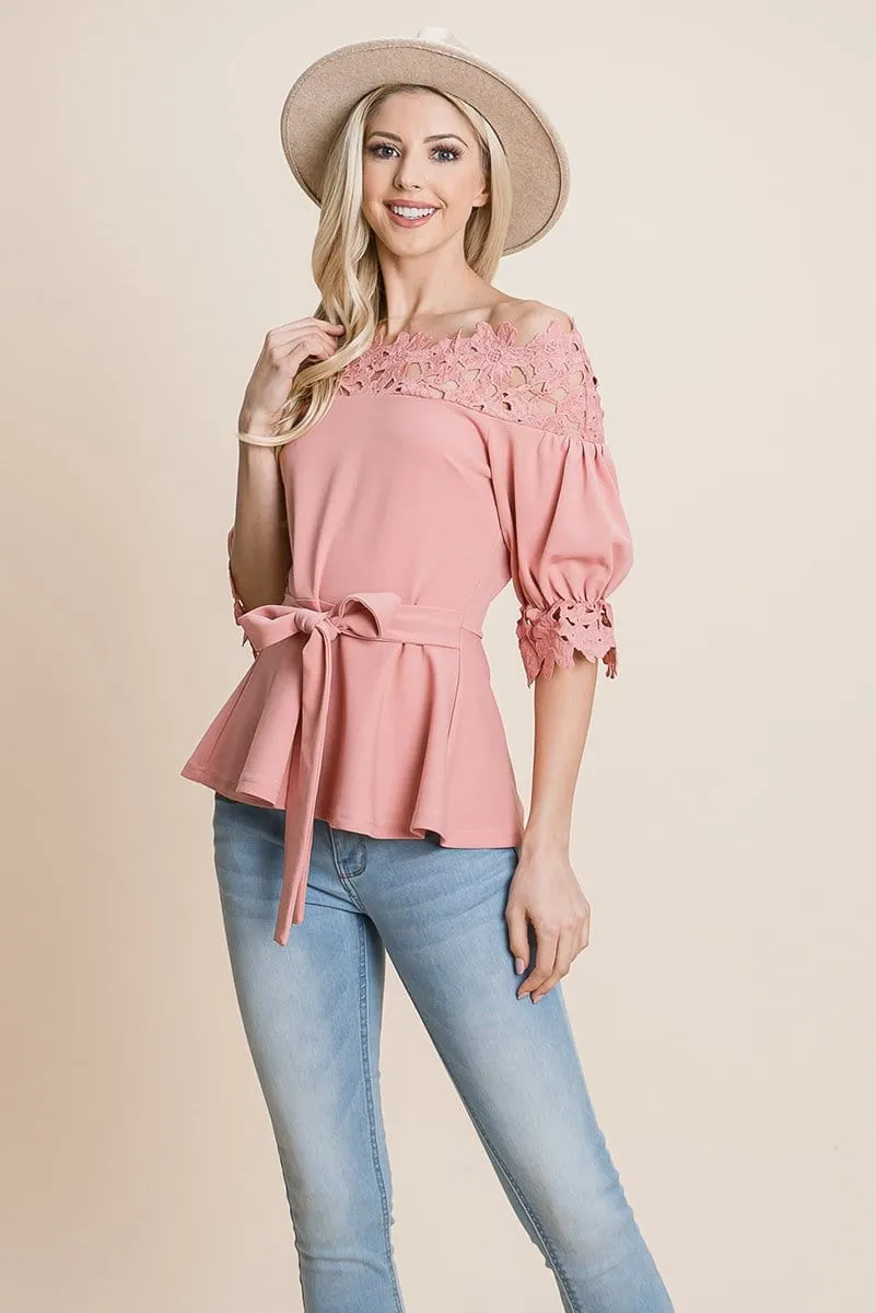 Lace Crochet Self Belted Off The Shoulder Tops with Back Zipper