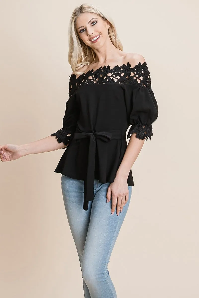 Lace Crochet Self Belted Off The Shoulder Tops with Back Zipper