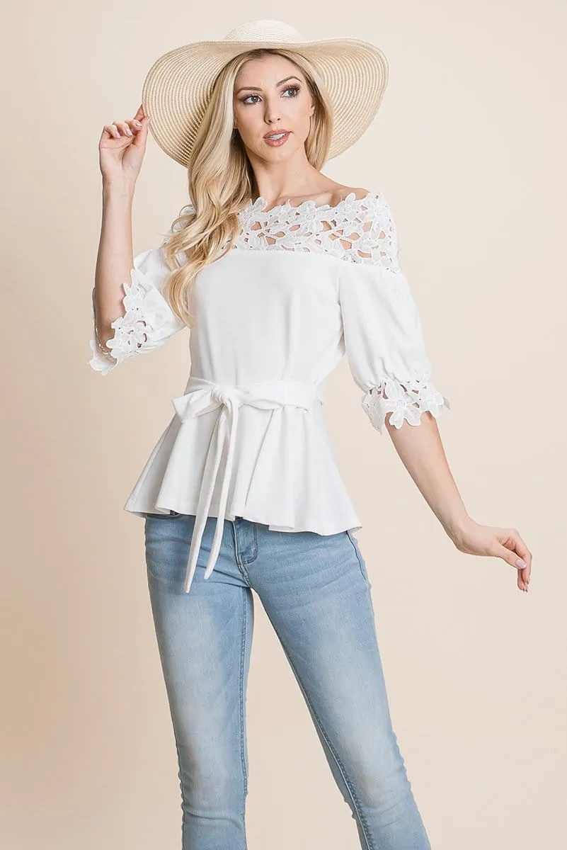 Lace Crochet Self Belted Off The Shoulder Tops with Back Zipper