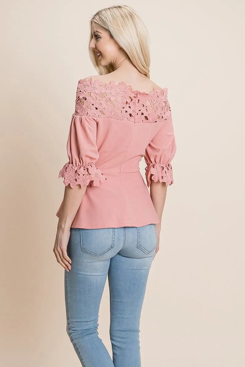 Lace Crochet Self Belted Off The Shoulder Tops with Back Zipper