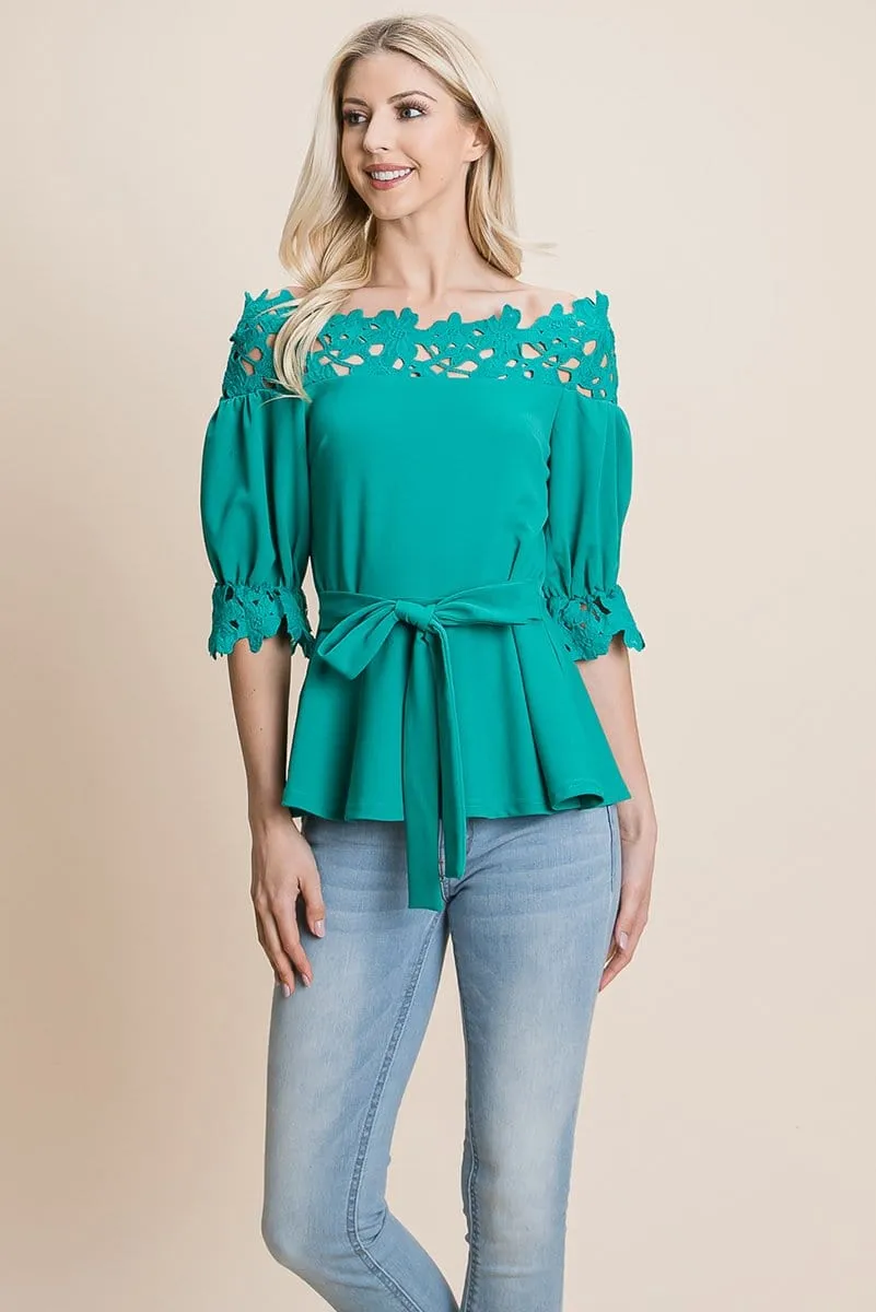 Lace Crochet Self Belted Off The Shoulder Tops with Back Zipper