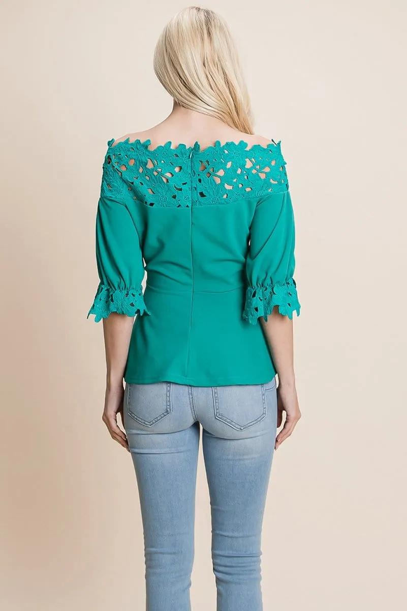 Lace Crochet Self Belted Off The Shoulder Tops with Back Zipper