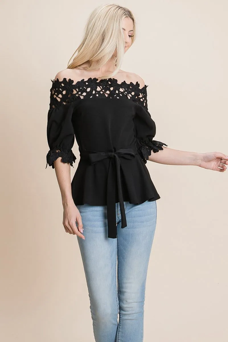 Lace Crochet Self Belted Off The Shoulder Tops with Back Zipper