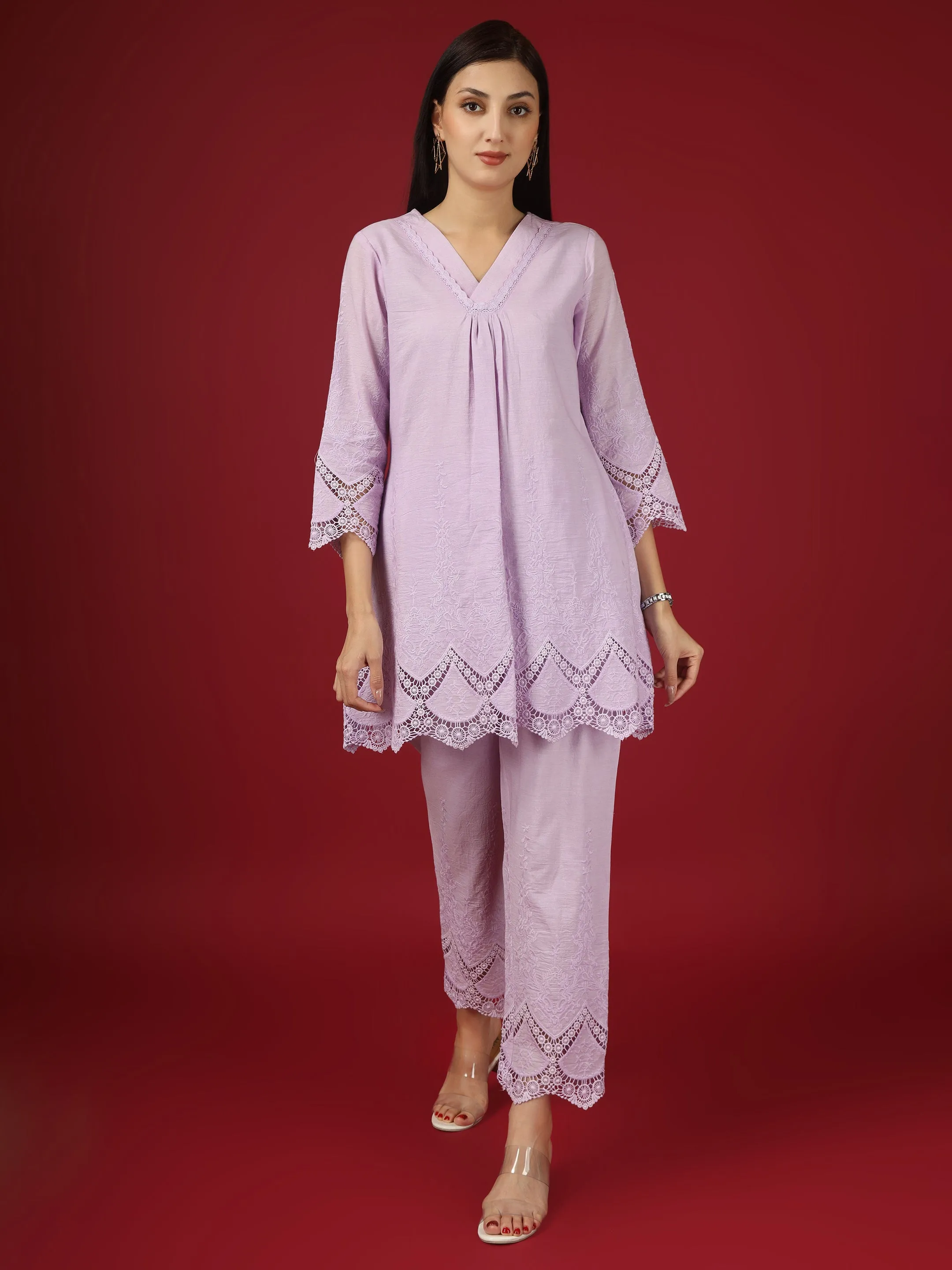 Lavender Embroidered Cotton Kurta with Pants- Set of 2