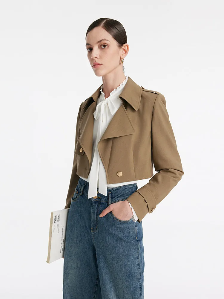 Machine Washable Wool Lapel Women Crop Trench Coat