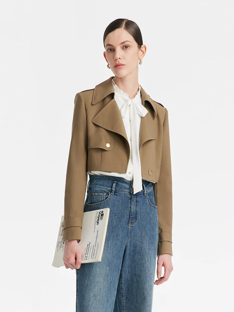 Machine Washable Wool Lapel Women Crop Trench Coat