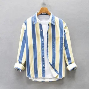 Men's Blue and Yellow Striped Loose Casual Shirt with Big Pockets - Comfortable Cotton Style