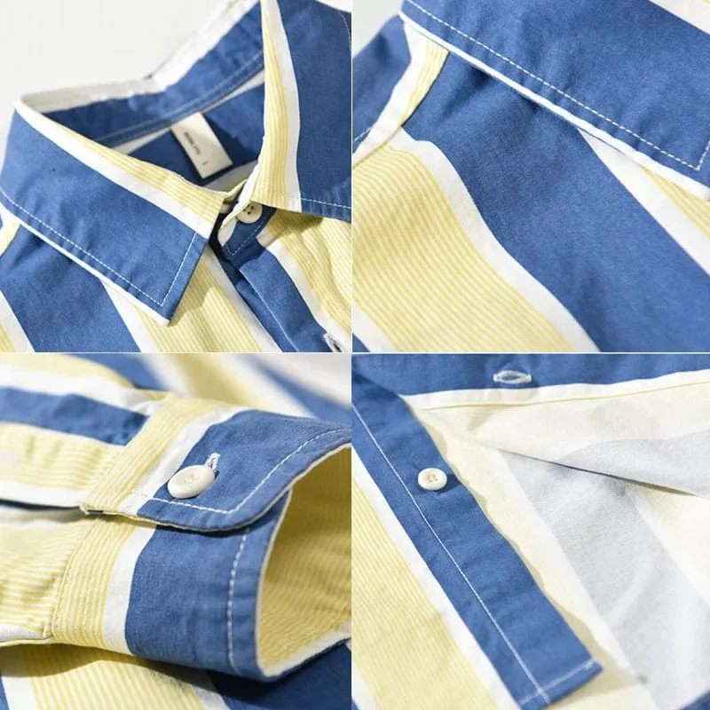 Men's Blue and Yellow Striped Loose Casual Shirt with Big Pockets - Comfortable Cotton Style