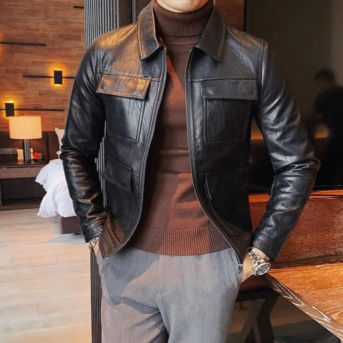 Men's Leather Motorcycle Jacket - Fashion Lapel Design, Casual Streetwear PU Coat for Business & Social Outfits