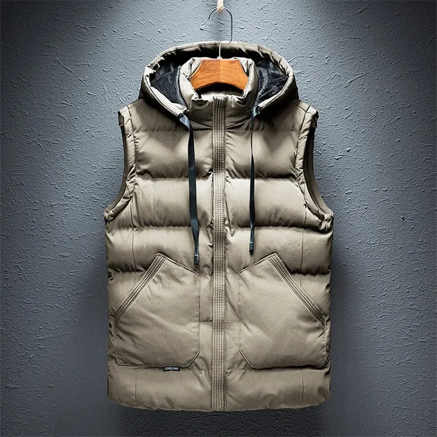 Men's Warm Sleeveless Vest Gilet Casual Cotton Jacket Double Large Pocket Hooded Waistcoat