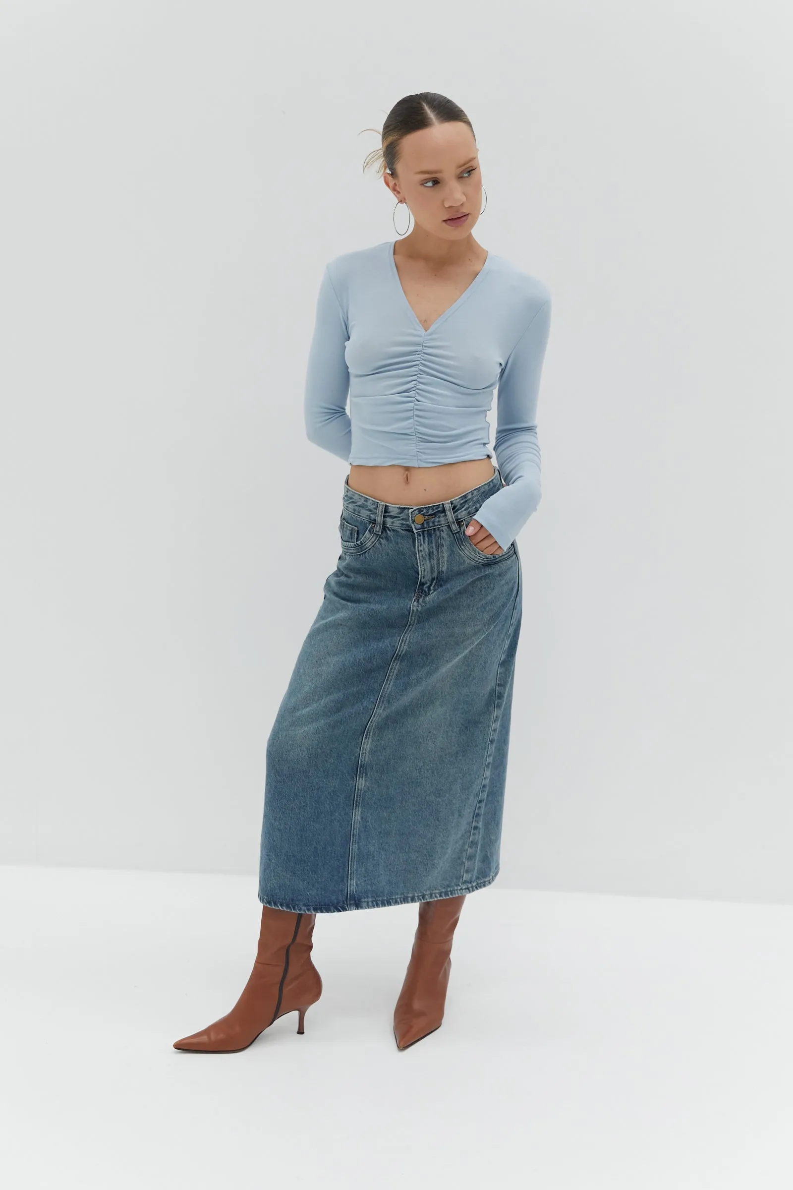 Nicole Denim Midi Skirt - Blue