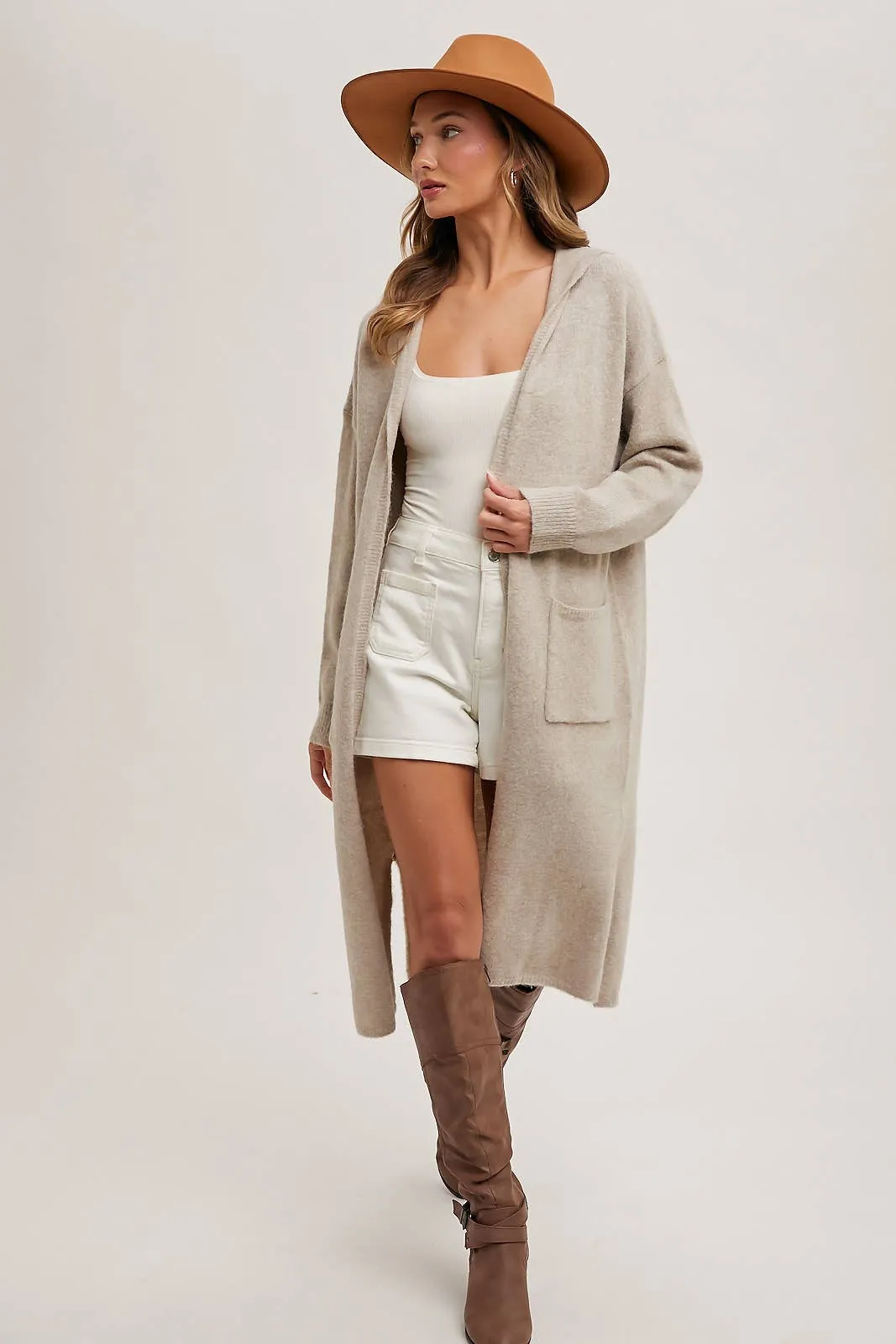 Oatmeal Long Line Open Front Cardigan