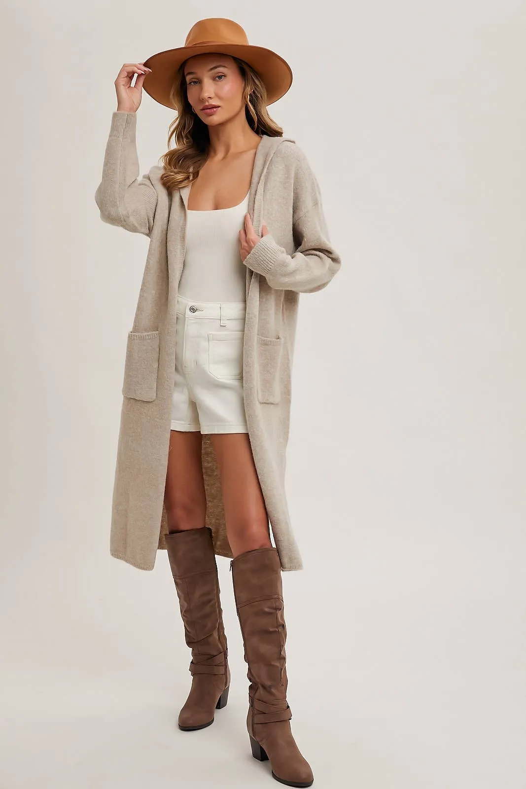 Oatmeal Long Line Open Front Cardigan