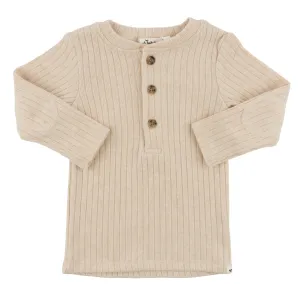 oh baby! Wide Rib Fuzzy Sweater Knit Elbow Patch Henley - Natural