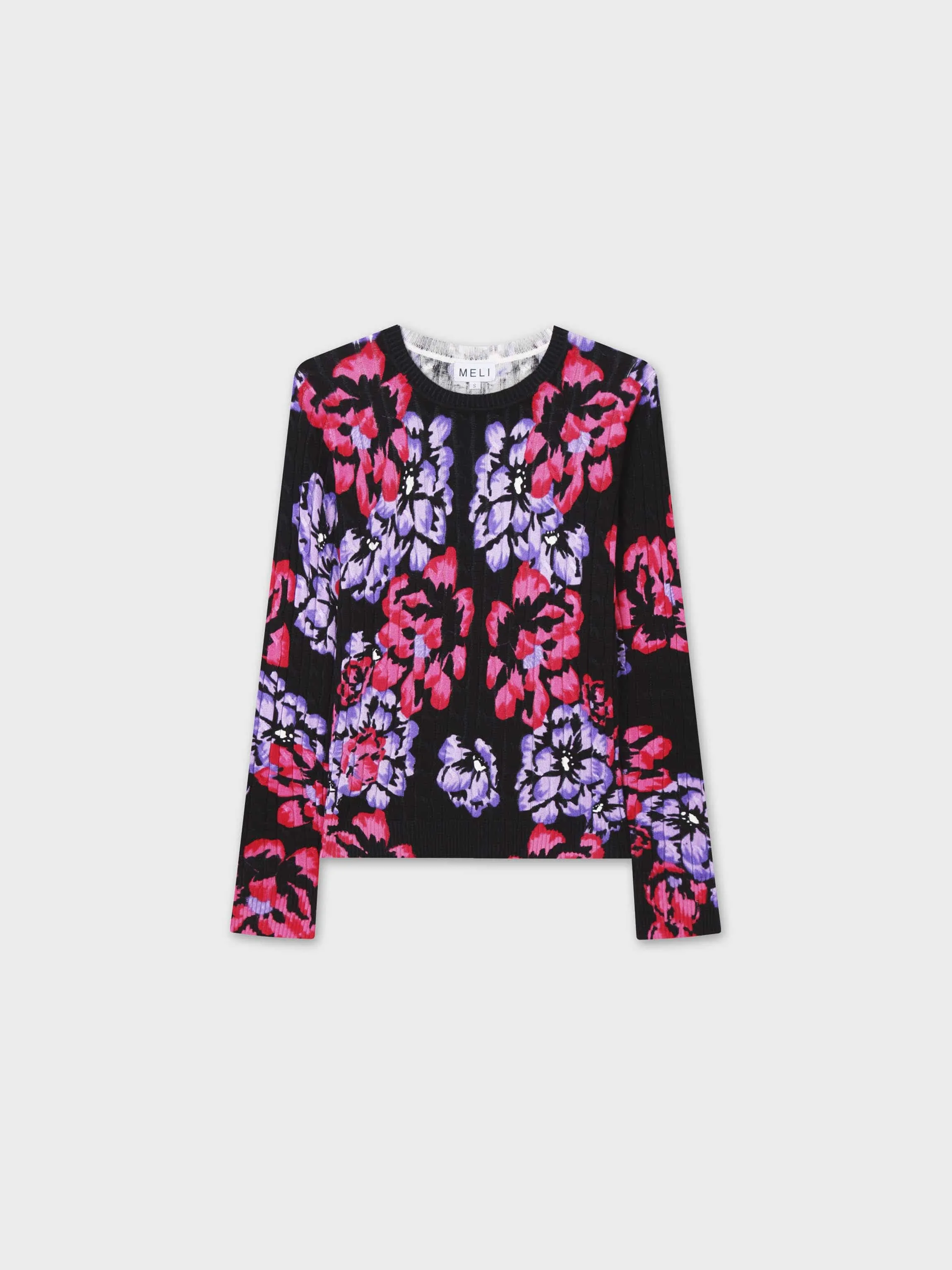 Printed Cable Knit Sweater-Pink/Purple Floral