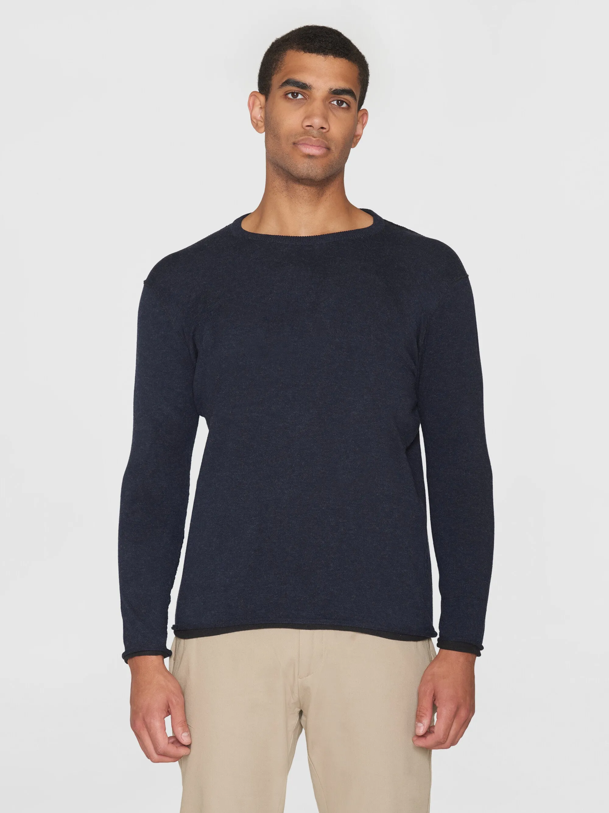 Regular double layer cotton mix rolledge crew neck knit - GOTS - Night Sky