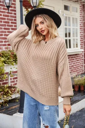 Ribbed Drop Shoulder Lantern Sleeve Sweater