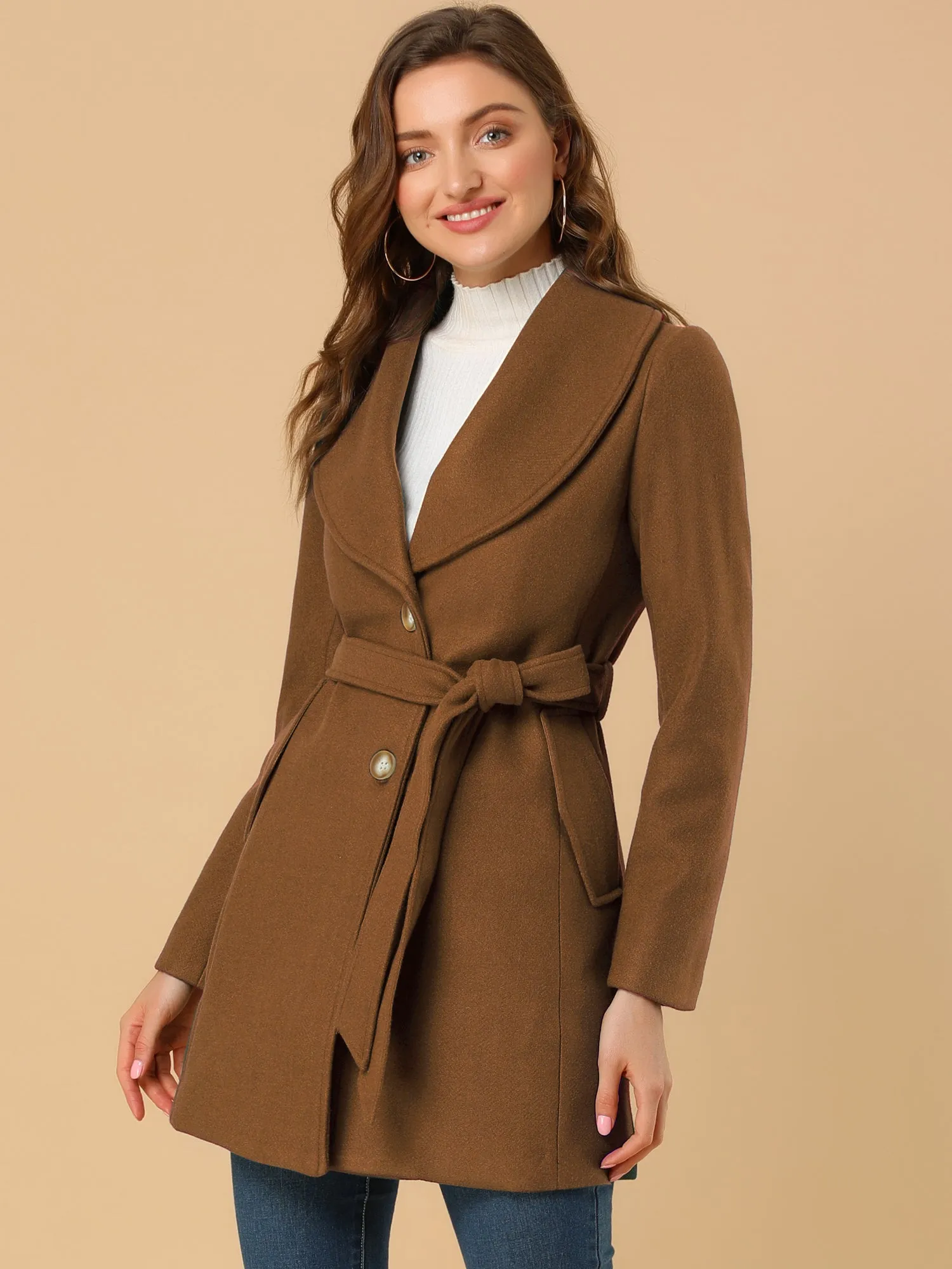 Shawl Collar Single Breasted Winter Long Belted Coat