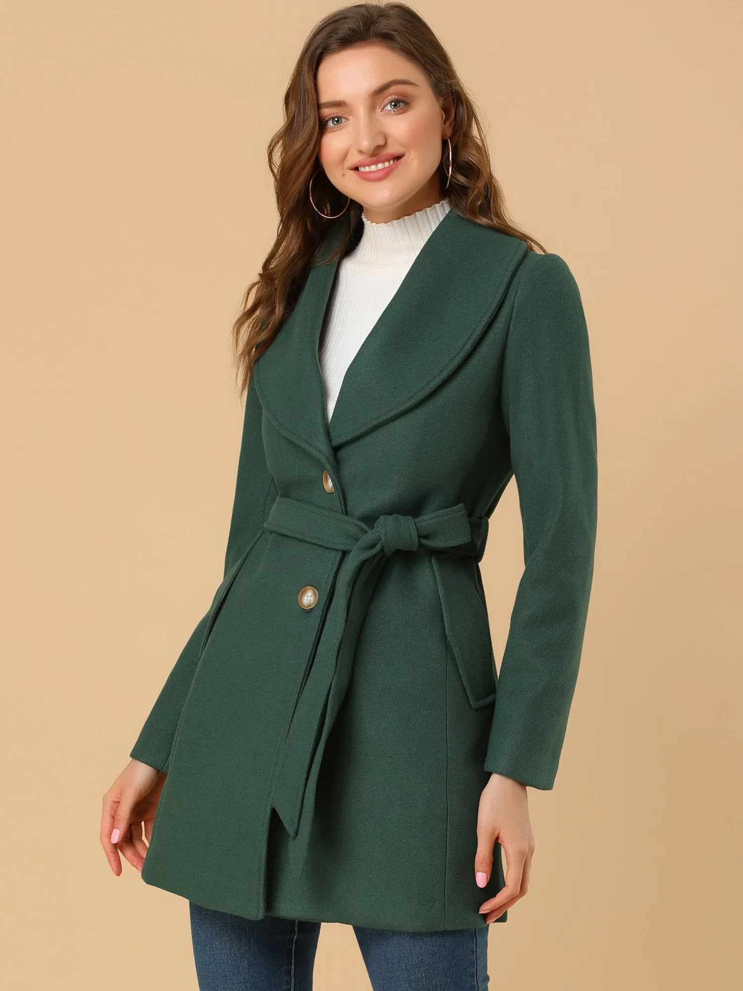 Shawl Collar Single Breasted Winter Long Belted Coat