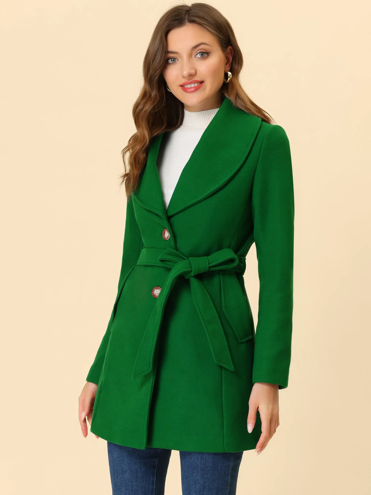 Shawl Collar Single Breasted Winter Long Belted Coat