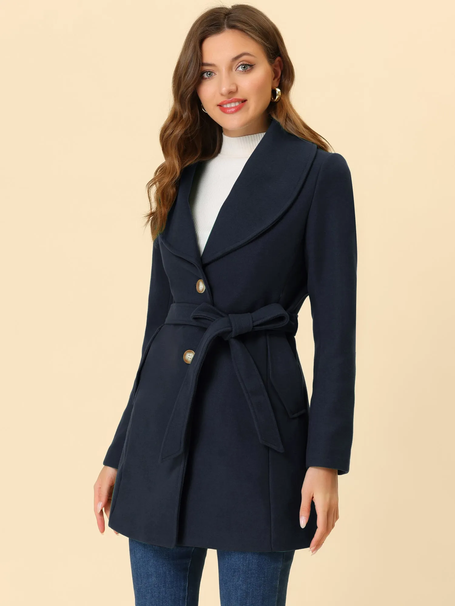 Shawl Collar Single Breasted Winter Long Belted Coat