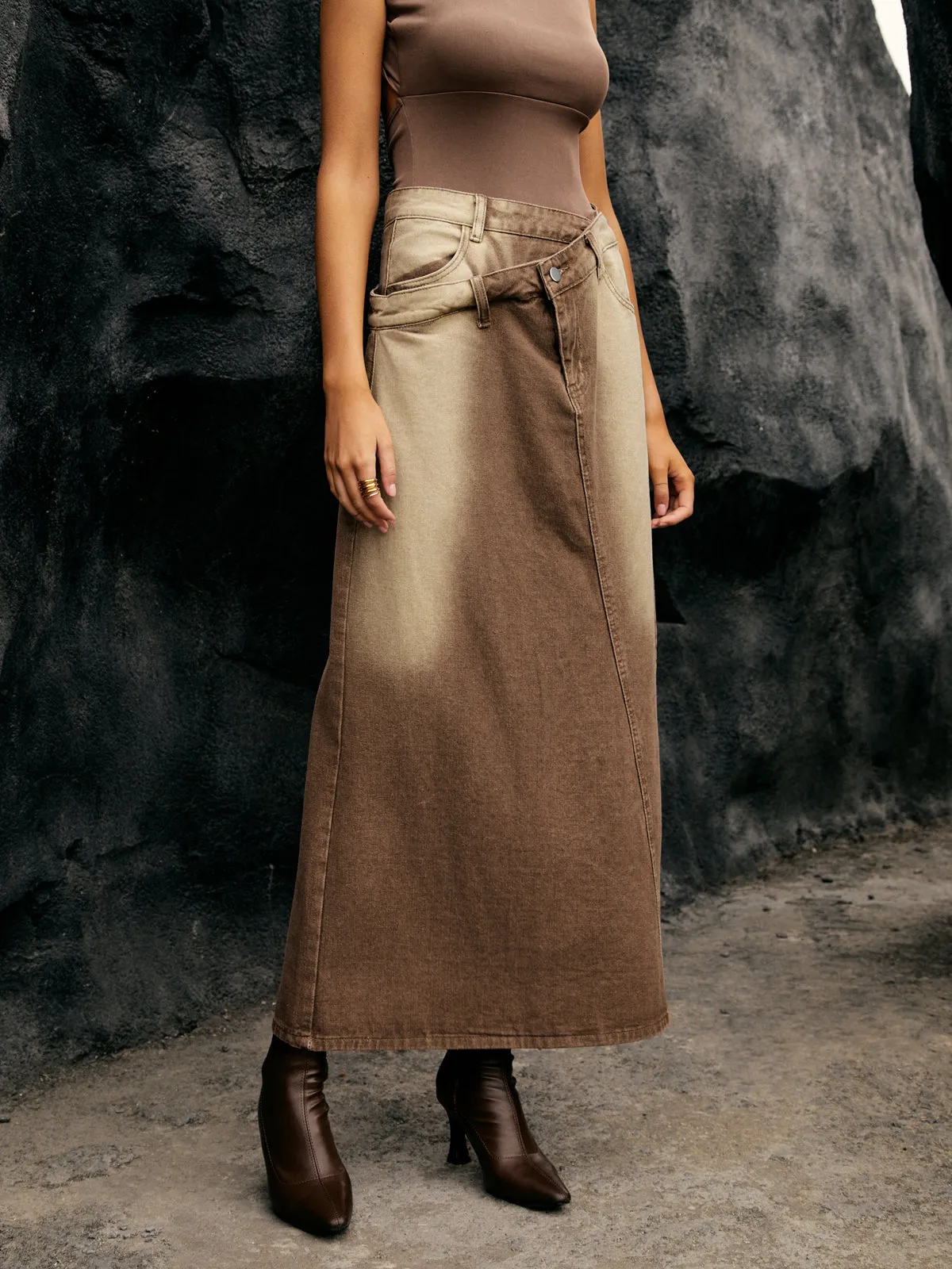 Washed Asymmetric Graceful Denim Maxi Skirt