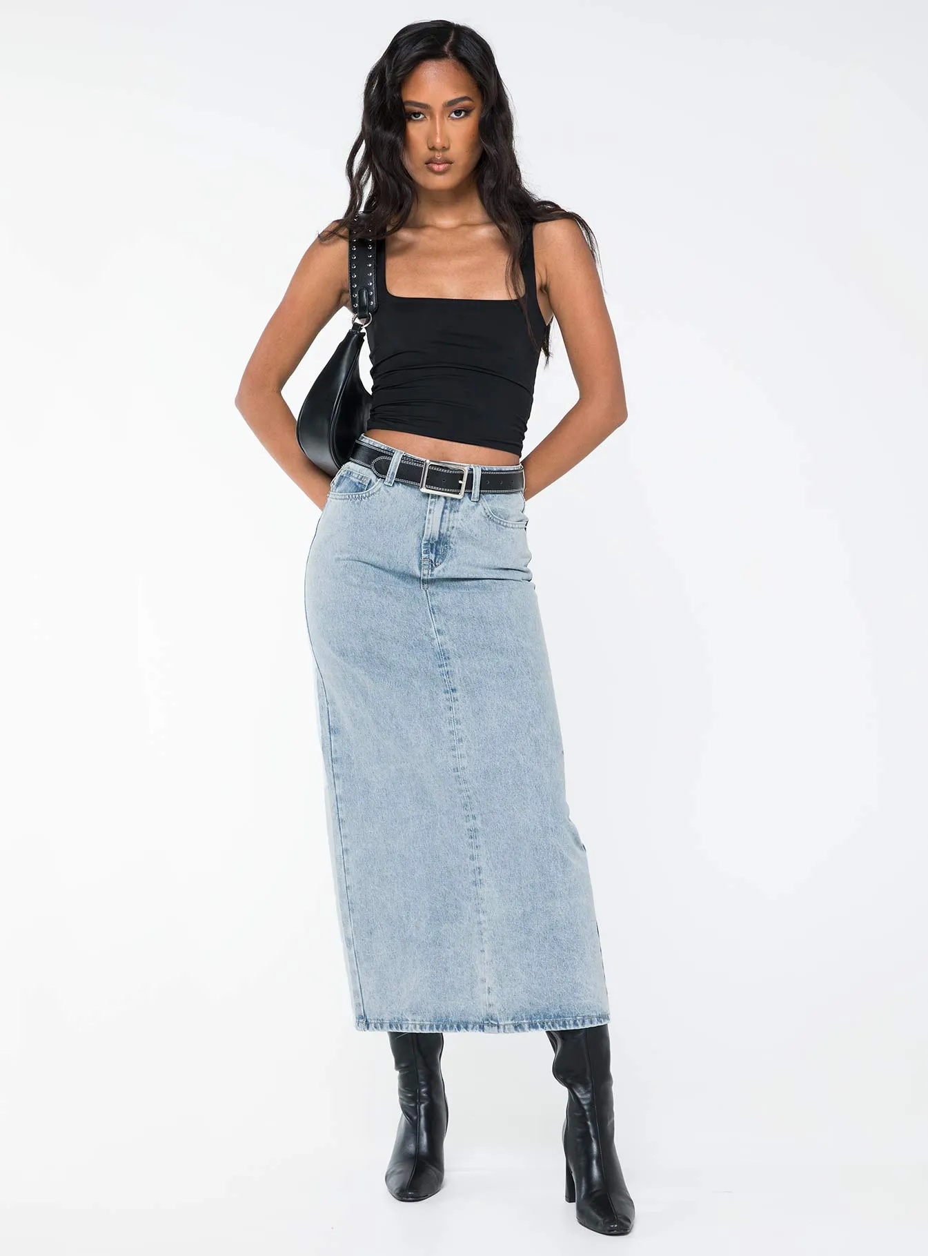 Whessler Split Back Denim Midi Skirt Angel Blue