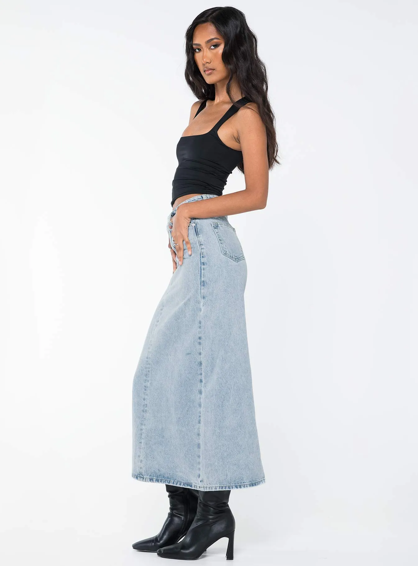 Whessler Split Back Denim Midi Skirt Angel Blue