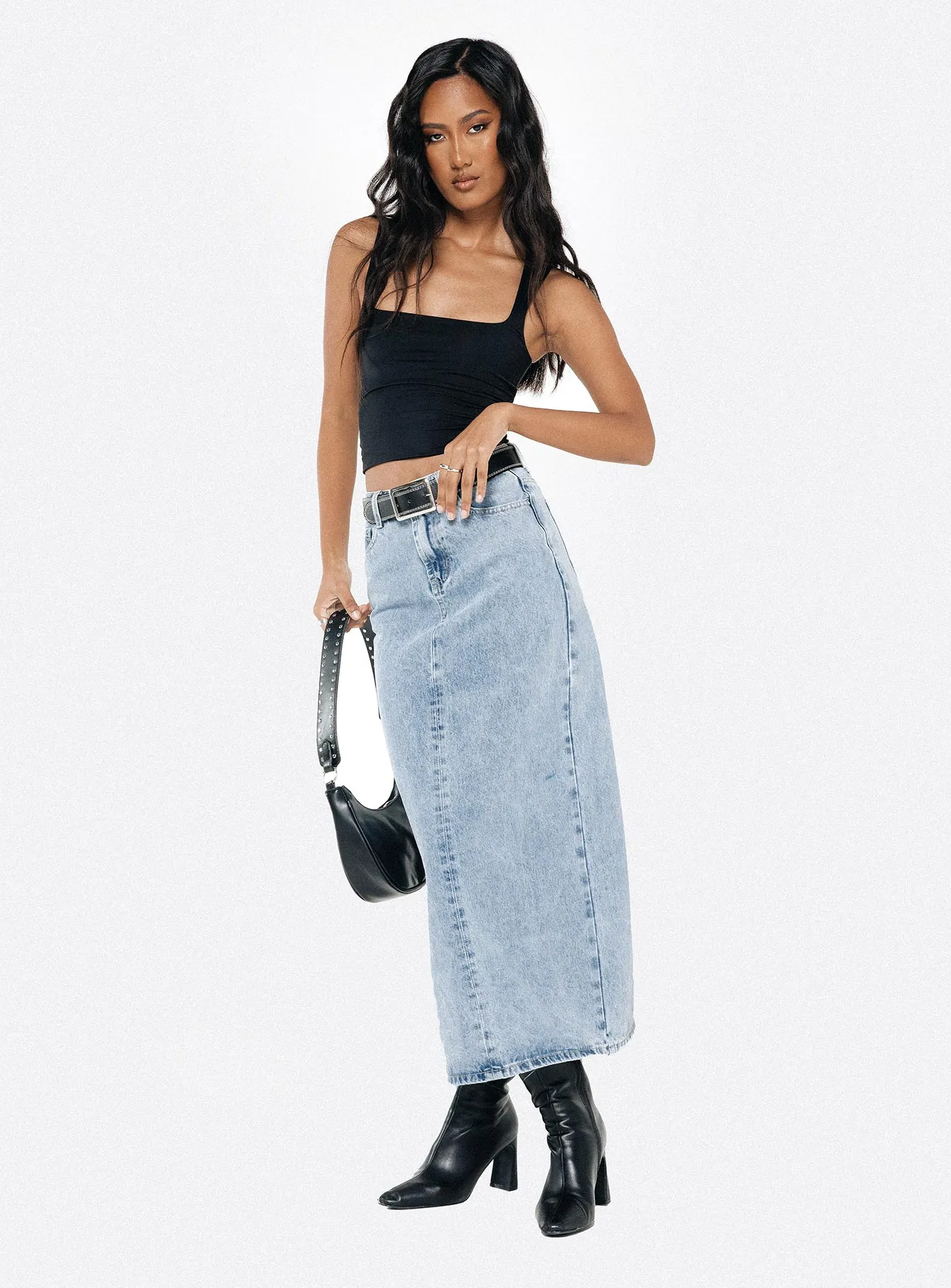 Whessler Split Back Denim Midi Skirt Angel Blue