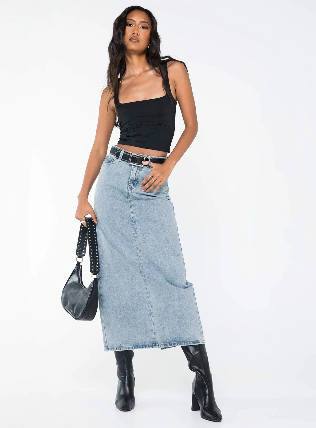 Whessler Split Back Denim Midi Skirt Angel Blue