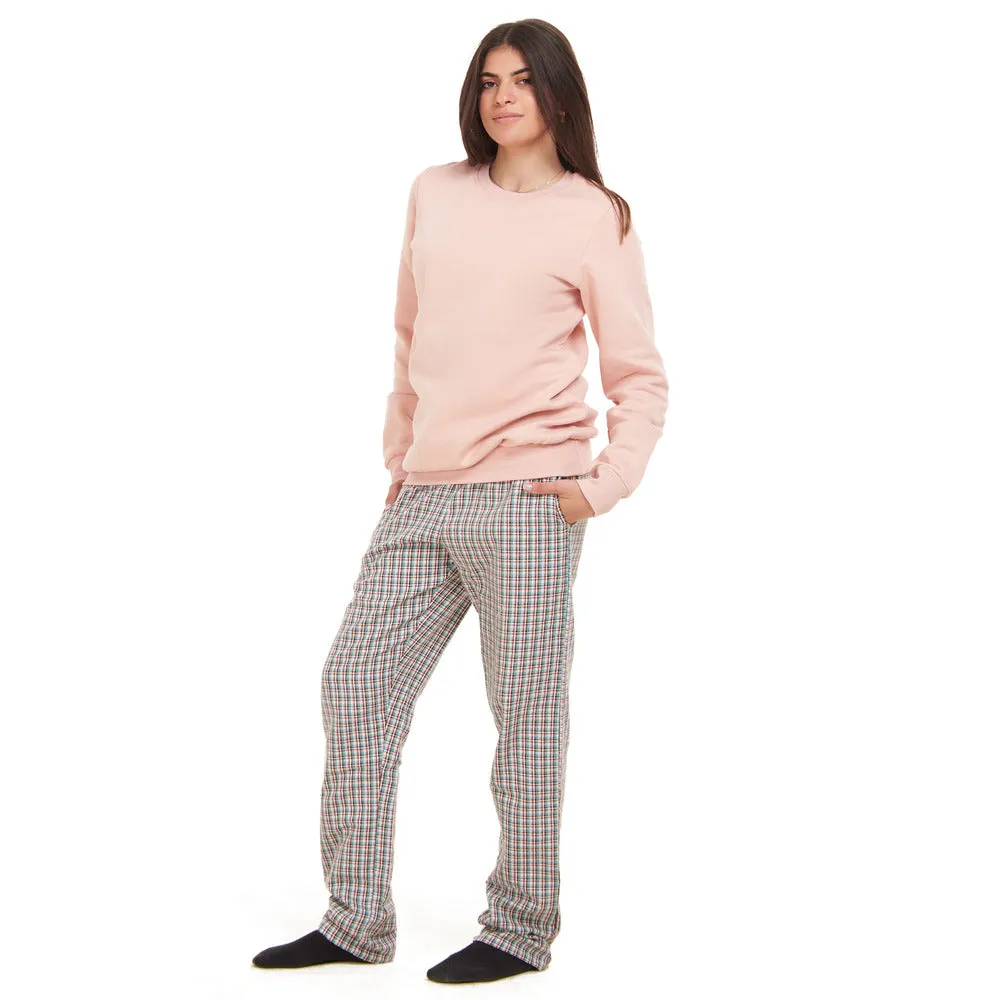 Women Winter Pajama Set Pink Sweatshirt   Pink x Aqua Checkered Pants