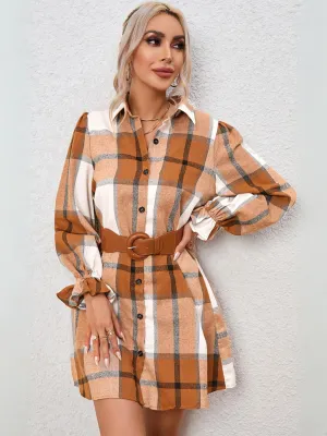 Womens Khaki Plaid Pattern Collared Neck Ruffled Sleeve Shirt Dress